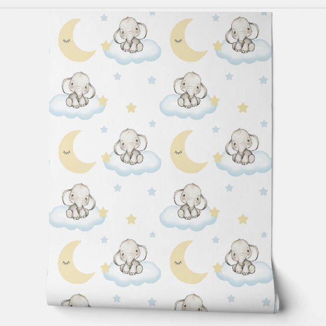 Waterverf Baby Elephant Clouds sterren Sleepy Moon Behang (Afrollen)