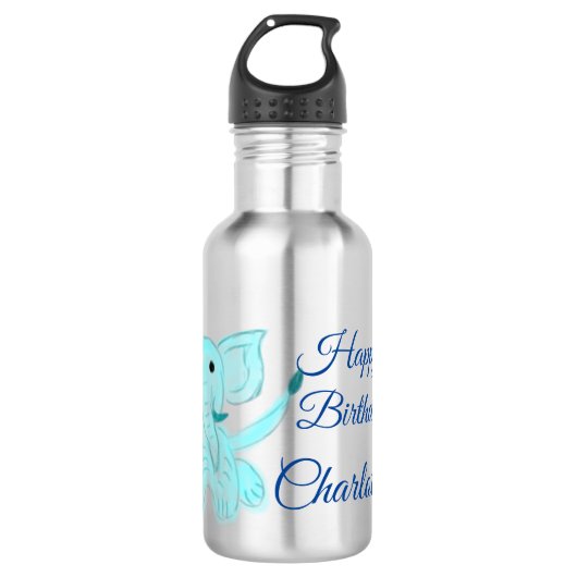 Waterverf baby Elephant Happy Birthday Naam toevoe Waterfles (Voorkant)