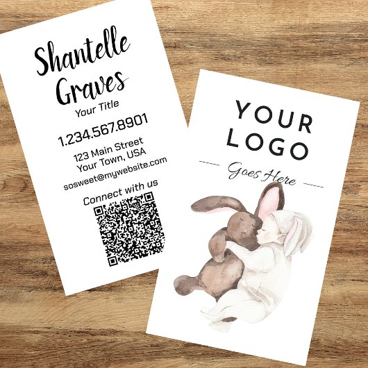 Waterverf Baby en Bunny QR Code Verticaal Visitekaartje