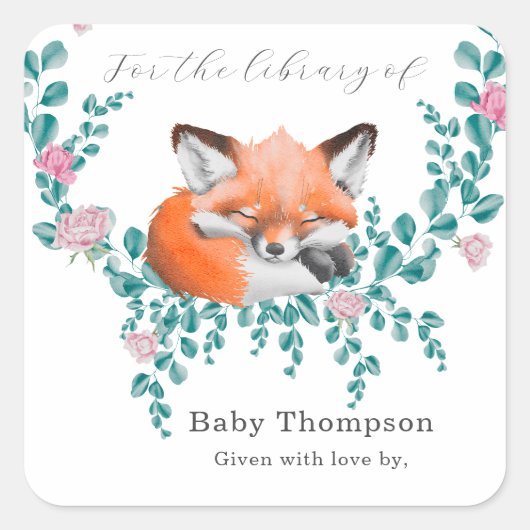 Waterverf baby fox in bloei - voor de bibliotheek vierkante sticker (Voorkant)