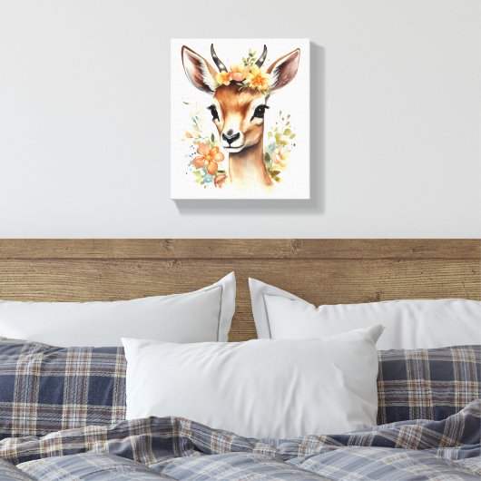 Waterverf Baby Gazelle met bloemen Canvas Afdruk (Insitu (Slaapkamer))