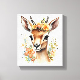 Waterverf Baby Gazelle met bloemen Canvas Afdruk