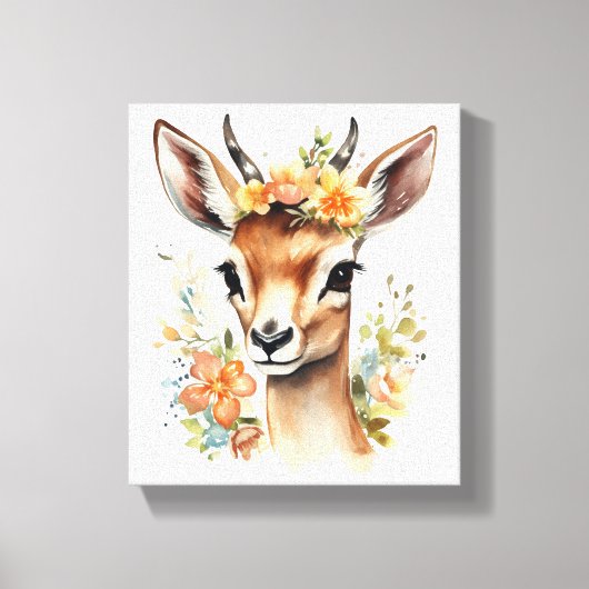 Waterverf Baby Gazelle met bloemen Canvas Afdruk (Voorkant)