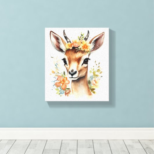 Waterverf Baby Gazelle met bloemen Canvas Afdruk (Insitu (Houten vloer))