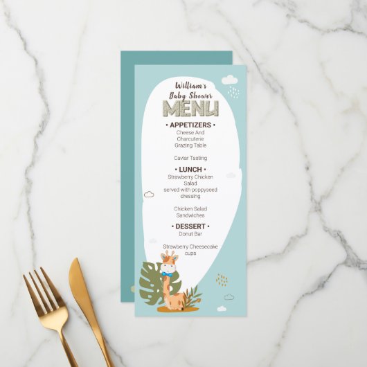 Waterverf Baby Giraffe, Baby shower Menu (Voorkant / Achterkant in situ)