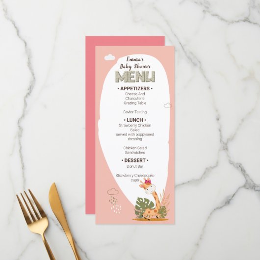 Waterverf Baby Giraffe, Baby shower Menu (Voorkant / Achterkant in situ)