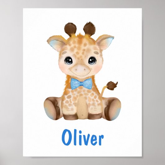 Waterverf Baby Giraffe Blue Boy Nursery Poster (Voorkant)