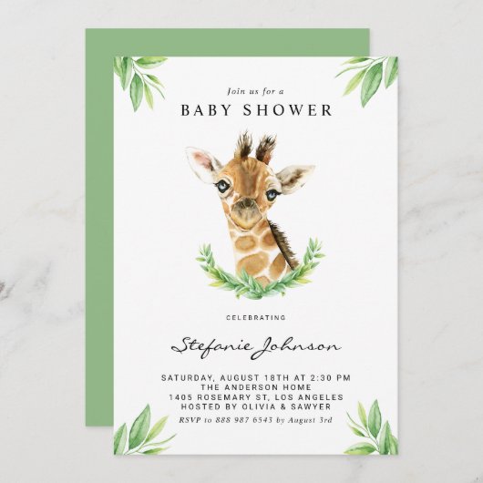 Waterverf Baby Giraffe Greenery Baby shower Kaart (Voorkant / Achterkant)