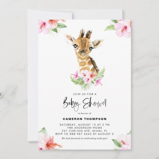Waterverf Baby Giraffe Roze Hibiscus Baby shower Kaart (Voorkant)