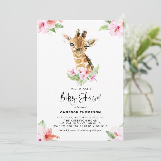 Waterverf Baby Giraffe Roze Hibiscus Baby shower Kaart (Staand voorkant)