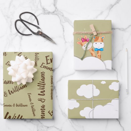 Waterverf Baby Giraffe Safari tweeling Birthday Inpakpapier Vel (Voorkant)