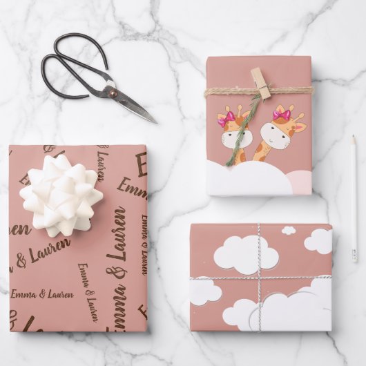 Waterverf Baby Giraffe Safari tweeling Birthday Inpakpapier Vel (Voorkant)