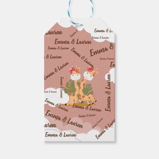Waterverf Baby Giraffe Safari Twins Birthday Cadeaulabel (Voorkant)