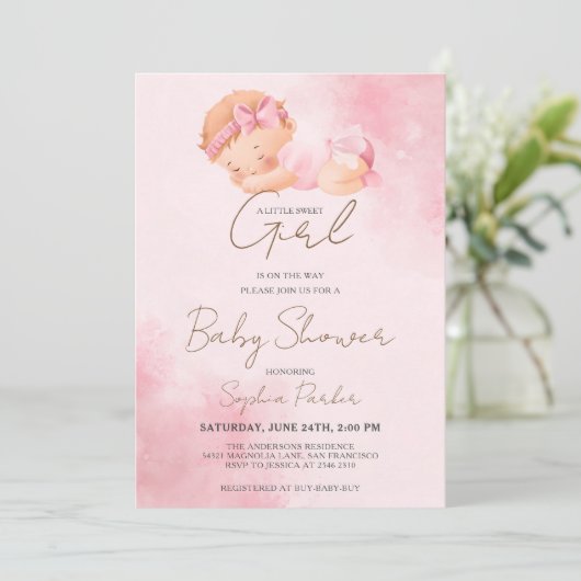 Waterverf Baby Girl Uitnodiging (Staand voorkant)