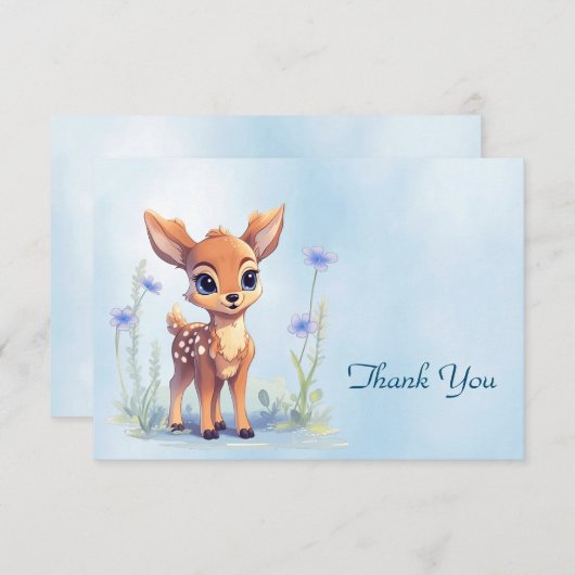 Waterverf Baby Herten Blauw Bloemen Dank u kaart (Voorkant / Achterkant)