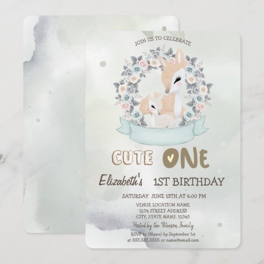 Waterverf Baby Herten Bloem Rozen Groen 1st Kaart (Voorkant / Achterkant)