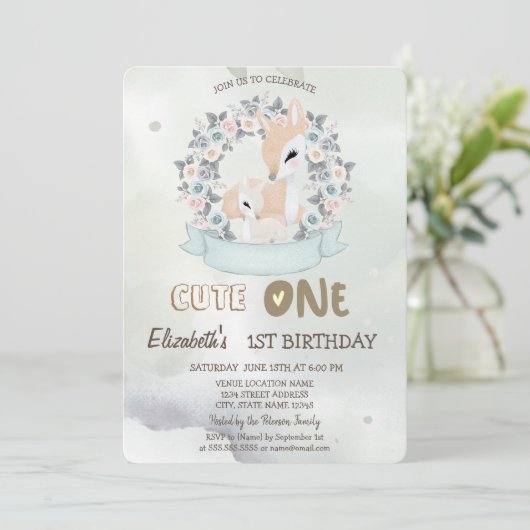 Waterverf Baby Herten Bloem Rozen Groen 1st Kaart (Staand voorkant)