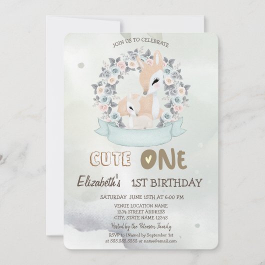 Waterverf Baby Herten Bloem Rozen Groen 1st Kaart (Voorkant)