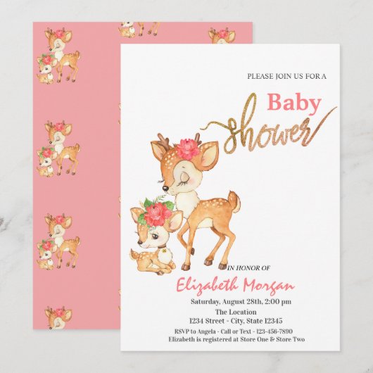 Waterverf Baby Herten Bloemen Roze Baby shower Kaart (Voorkant / Achterkant)