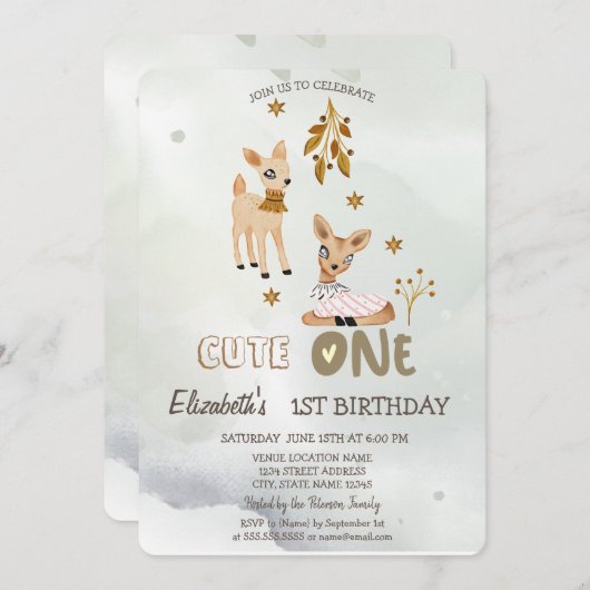 Waterverf Baby Herten Groen 1e Uitnodiging (Voorkant / Achterkant)