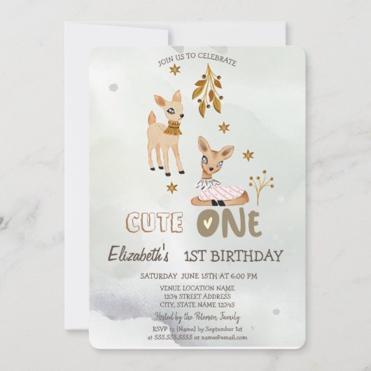 Waterverf Baby Herten Groen 1e Uitnodiging (Voorkant)