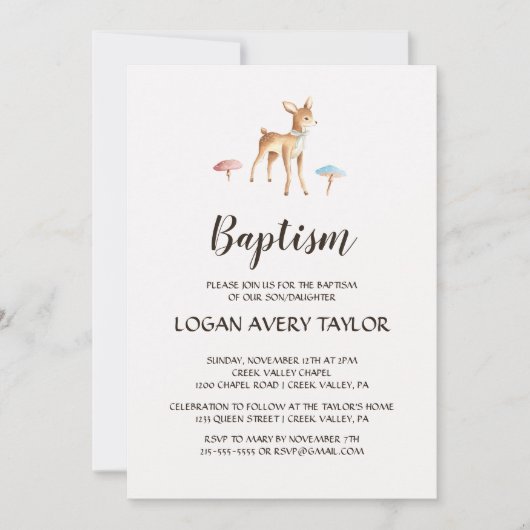 Waterverf Baby Herten met Paddestoel Doop Kaart (Voorkant)