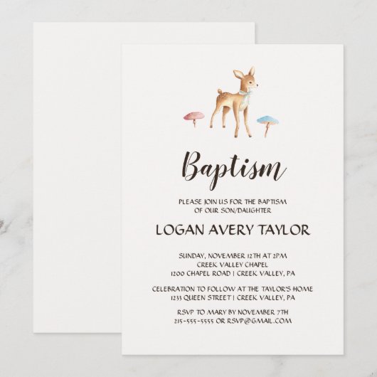 Waterverf Baby Herten met Paddestoel Doop Kaart (Voorkant / Achterkant)