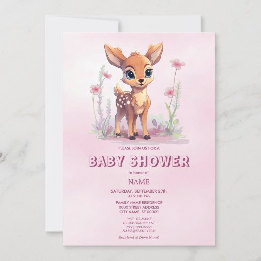 Waterverf Baby Herten Roze Bloemen Baby shower Kaart (Voorkant)