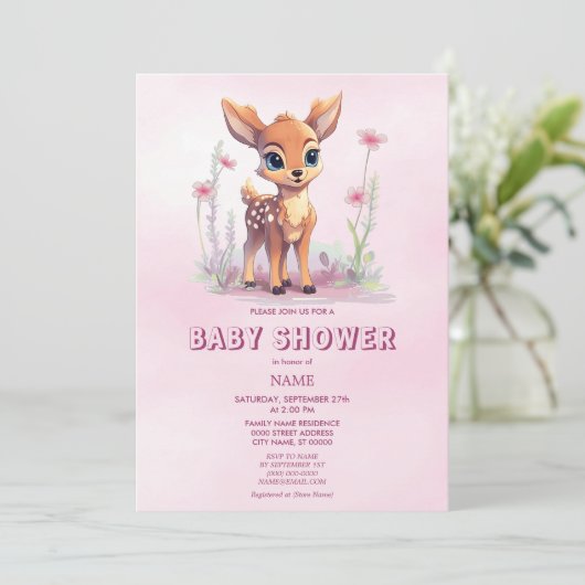 Waterverf Baby Herten Roze Bloemen Baby shower Kaart (Staand voorkant)