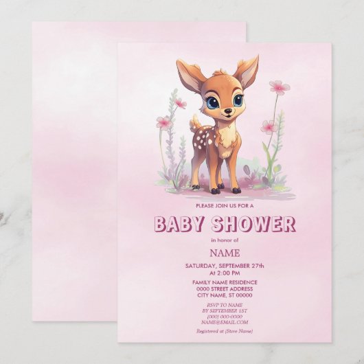 Waterverf Baby Herten Roze Bloemen Baby shower Kaart (Voorkant / Achterkant)