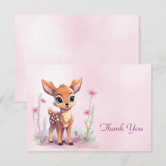 Waterverf Baby Herten Roze Bloemen Dank u kaart (Voorkant / Achterkant)