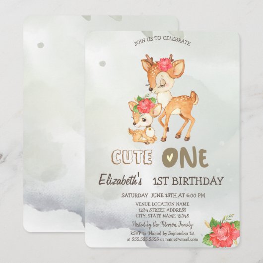 Waterverf Baby Hertenbloem Groen 1e Uitnodiging (Voorkant / Achterkant)