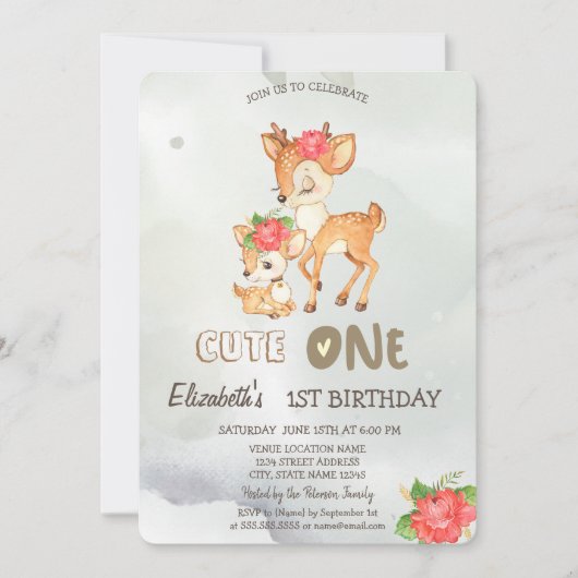 Waterverf Baby Hertenbloem Groen 1e Uitnodiging (Voorkant)