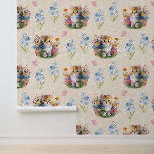 Waterverf Baby Kitten Kat Bloemen Vlindercrème Behang