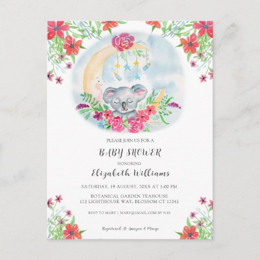 Waterverf Baby Koala met maanuitnodiging Uitnodiging Briefkaart (Voorkant)
