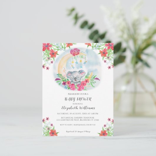 Waterverf Baby Koala met maanuitnodiging Uitnodiging Briefkaart (Staand voorkant)