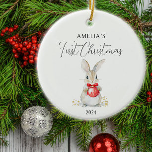 Waterverf Baby Konijn Custom Eerste Kerst Keramisch Ornament