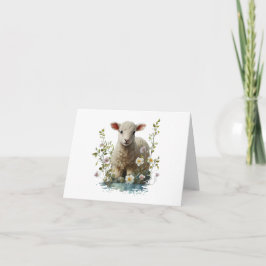 Waterverf Baby Lamb met Bloemen BLANK Kaart