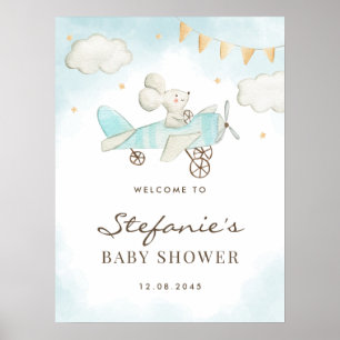 Waterverf Baby Mouse Pilot Blue Baby shower Poster
