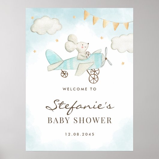 Waterverf Baby Mouse Pilot Blue Baby shower Poster (Voorkant)