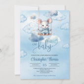 Waterverf baby muis op schommel in de blauwe lucht kaart (Voorkant)