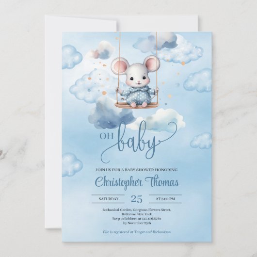 Waterverf baby muis op schommel in de blauwe lucht kaart (Voorkant)