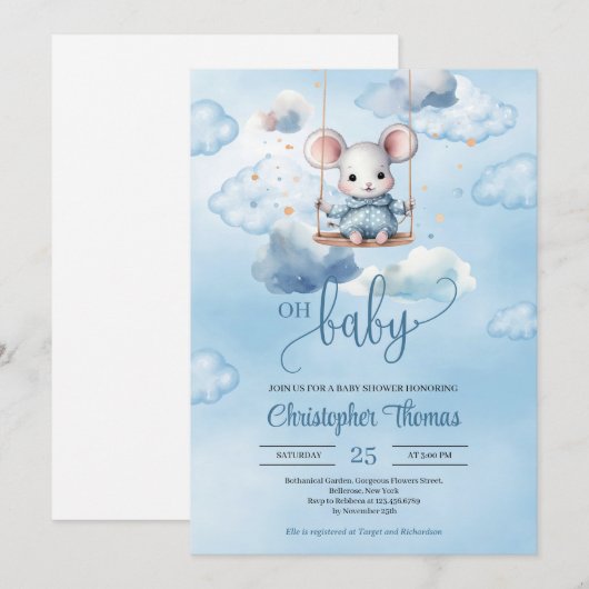 Waterverf baby muis op schommel in de blauwe lucht kaart (Voorkant / Achterkant)