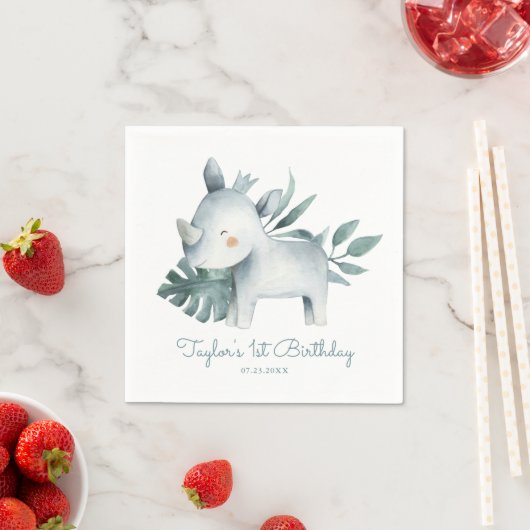 Waterverf Baby neushoorn tropische verjaardag Servet (Insitu)