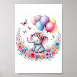 Waterverf Baby olifant met ballonnen en bloemen Poster