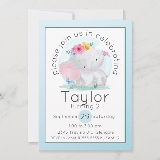 Waterverf Baby Olifant met Bloemen Verjaardag Kaart (Voorkant)