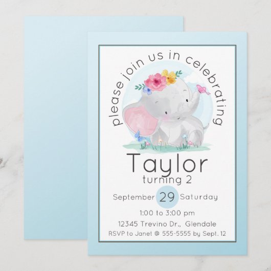 Waterverf Baby Olifant met Bloemen Verjaardag Kaart (Voorkant / Achterkant)