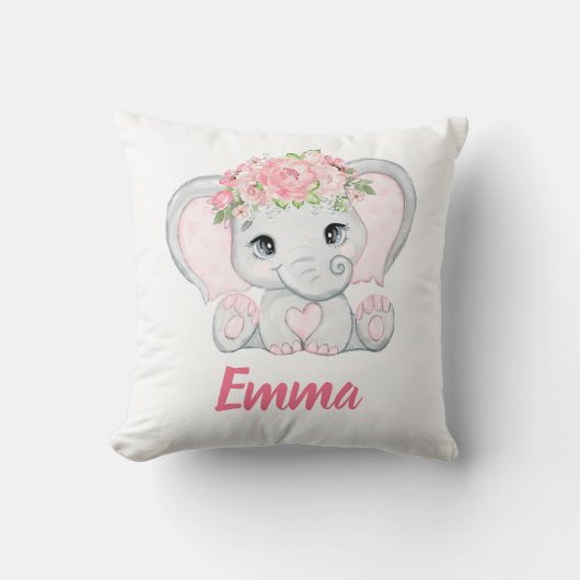 Waterverf Baby olifant Roze Floral Girl Nursery Kussen (Voorkant)