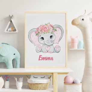 Waterverf Baby olifant Roze Floral Girl Nursery Poster