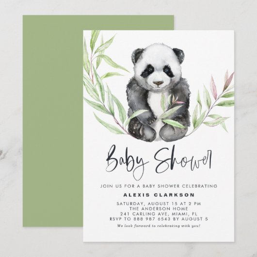 Waterverf Baby Panda Greenery Baby shower Kaart (Voorkant / Achterkant)
